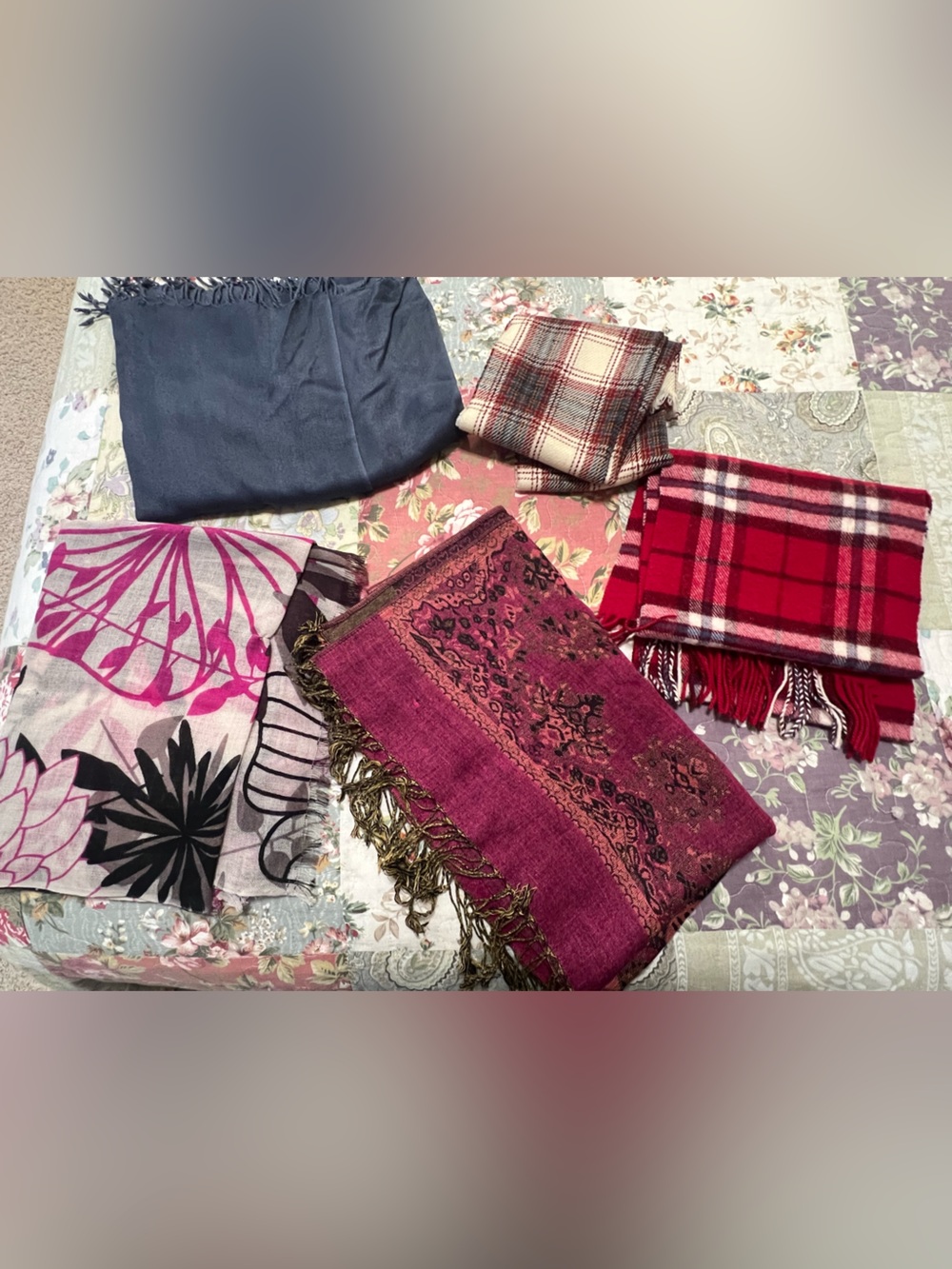 Mixed Scarf Bundle - Pink, Red, Gray, Cream Plaid & Floral